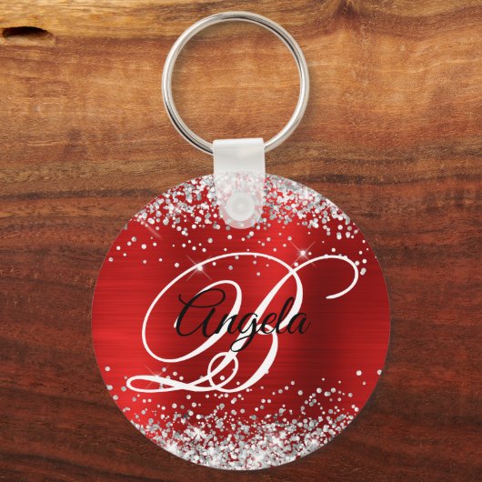 Silver Glitter Red Folie Fancy Monogram Sleutelhanger (Voorkant)