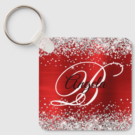 Silver Glitter Red Folie Fancy Monogram Sleutelhanger (Voorkant)