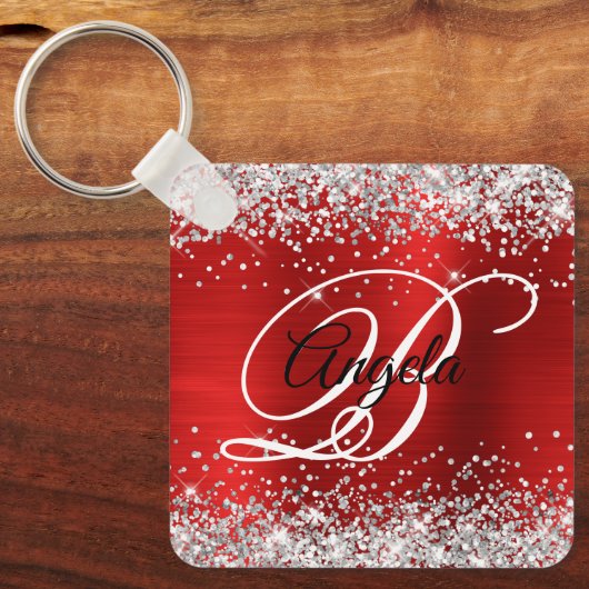 Silver Glitter Red Folie Fancy Monogram Sleutelhanger (Voorkant)