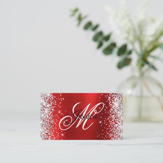 Silver Glitter Red Folie Fancy Monogram Visitekaartje (Staand voorkant)