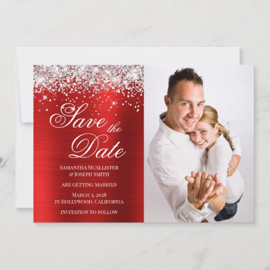 Silver Glitter Red Folie Foto Save The Date (Voorkant)