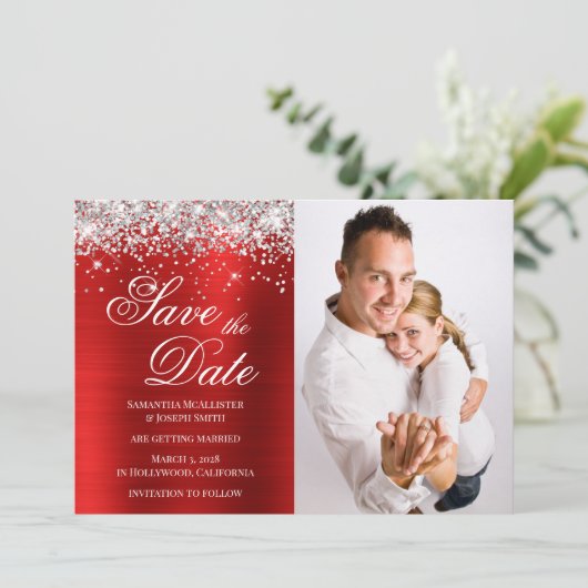 Silver Glitter Red Folie Foto Save The Date (Staand voorkant)