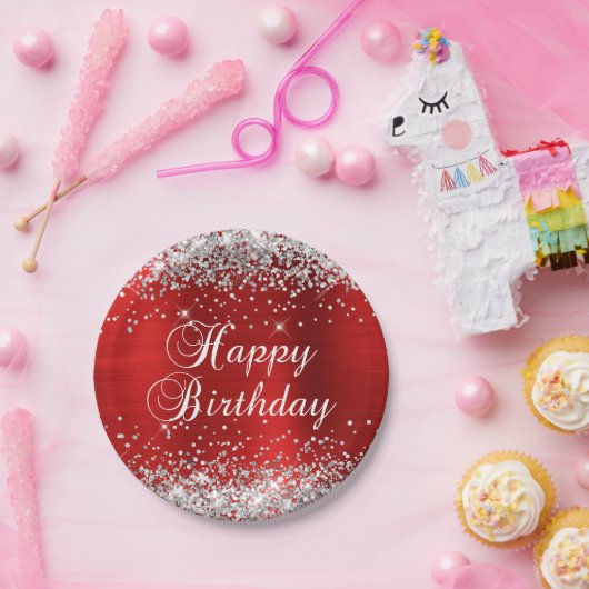 Silver Glitter Red Folie Happy Birthday Papieren Bordje (Feest)