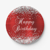Silver Glitter Red Folie Happy Birthday Papieren Bordje (Voorkant)