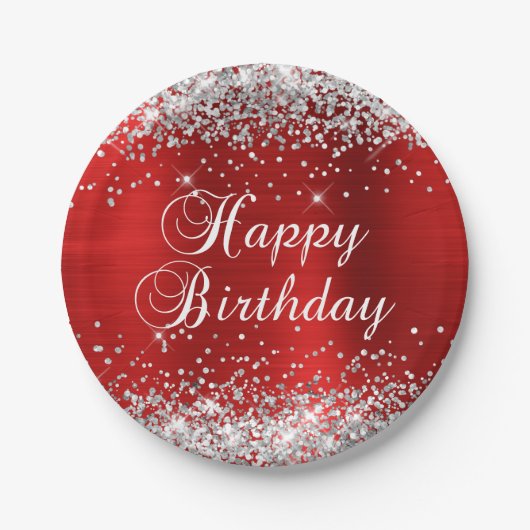 Silver Glitter Red Folie Happy Birthday Papieren Bordje (Voorkant)