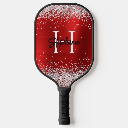 Silver Glitter Red Folie Monogrammed Pickleball Paddle (Voorkant)