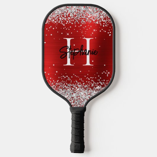 Silver Glitter Red Folie Monogrammed Pickleball Paddle (Achterkant)