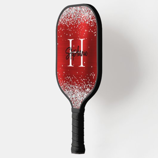 Silver Glitter Red Folie Monogrammed Pickleball Paddle (Links)