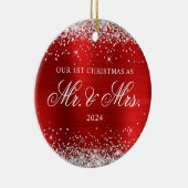 Silver Glitter Red Folie Onze 1e kerstfoto Keramisch Ornament (Rechts)
