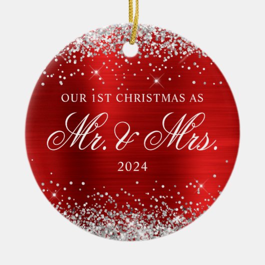 Silver Glitter Red Folie Onze 1e kerstfoto Keramisch Ornament (Voorkant)