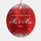 Silver Glitter Red Folie Onze 1e kerstfoto Keramisch Ornament (Links)