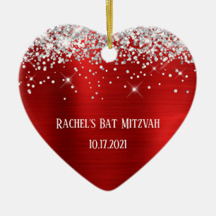 Silver Glitter Red Folie persoonlijke bat Mitzvah Keramisch Ornament