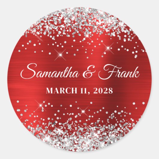 Silver Glitter Red Folie Wedding Ronde Sticker (Voorkant)