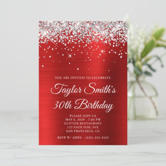 Silver Glitter Red Glam 30e verjaardag Kaart (Staand voorkant)
