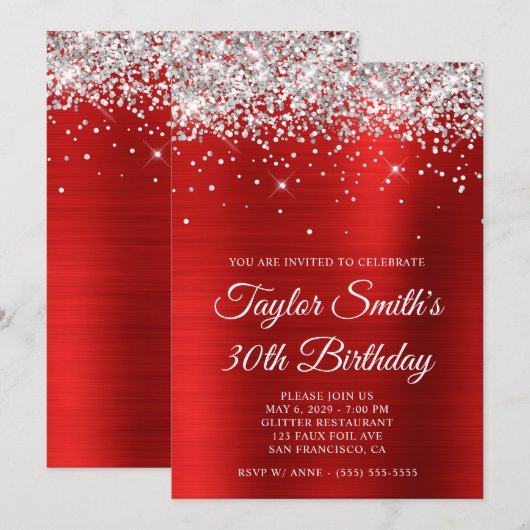 Silver Glitter Red Glam 30e verjaardag Kaart (Voorkant / Achterkant)