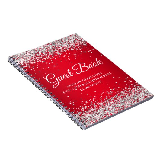 Silver Glitter Red Glam Gradient Afstuderen Guest Notitieboek (Rechterzijde)