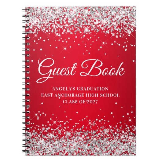 Silver Glitter Red Glam Gradient Afstuderen Guest Notitieboek (Voorkant)
