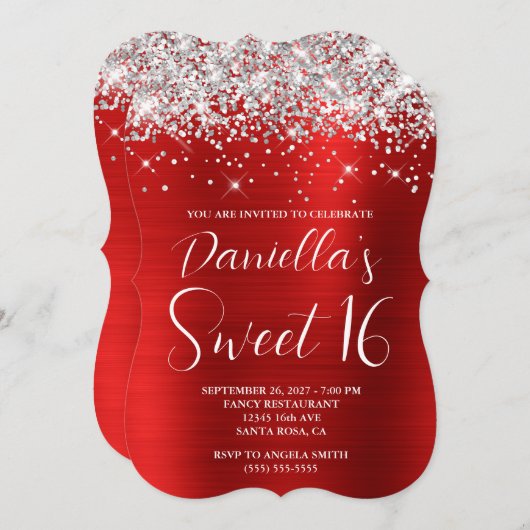 Silver Glitter Red Glam Sweet 16 Kaart (Voorkant / Achterkant)