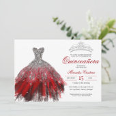 Silver Glitter Red Gown Elegant Quinceañera Kaart (Staand voorkant)
