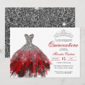 Silver Glitter Red Gown Elegant Quinceañera Kaart (Voorkant / Achterkant)