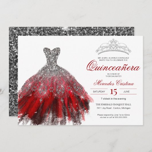 Silver Glitter Red Gown Elegant Quinceañera Kaart (Voorkant / Achterkant)
