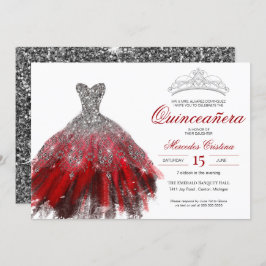 Silver Glitter Red Gown Elegant Quinceañera Kaart