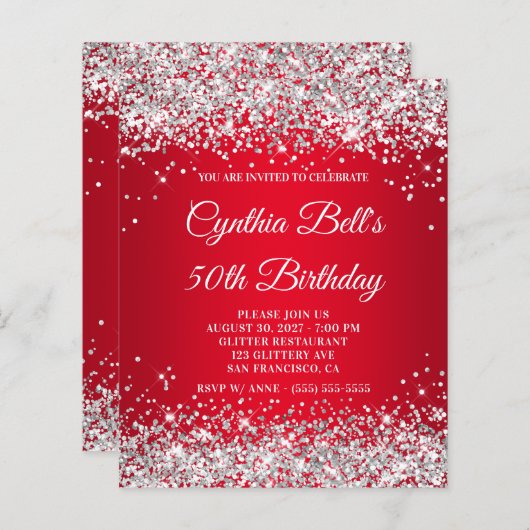 Silver Glitter Red Gradient 50th Birthday Invite (Voorkant / Achterkant)