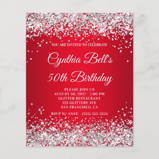 Silver Glitter Red Gradient 50th Birthday Invite Flyer (Voorkant)
