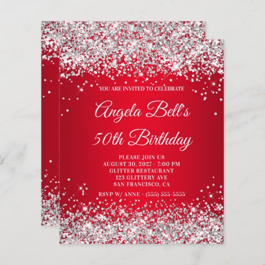 Silver Glitter Red Ombre 50th Birthday Invitation (Voorkant / Achterkant)