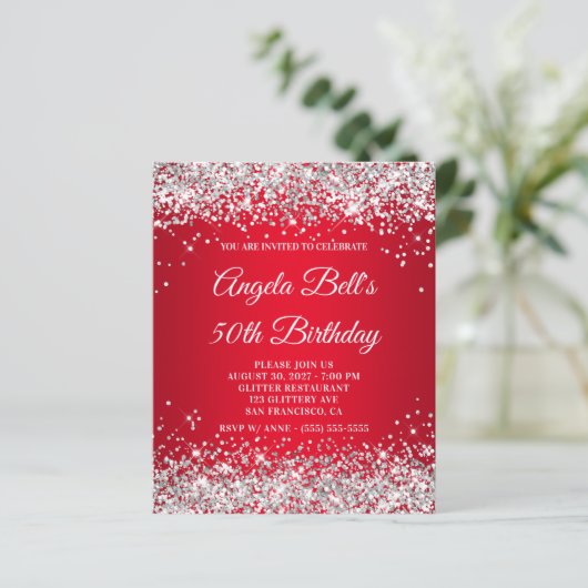 Silver Glitter Red Ombre 50th Birthday Invitation (Staand voorkant)