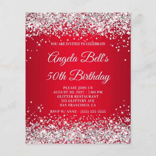 Silver Glitter Red Ombre 50th Birthday Invitation (Voorkant)