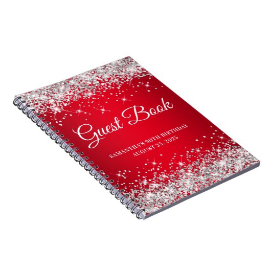 Silver Glitter Red Ombre 90th Birthday Guestbook Notitieboek (Rechterzijde)