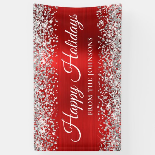 Silver Glitter Red, persoonlijk Prettige feestdage Spandoek (Verticaal)