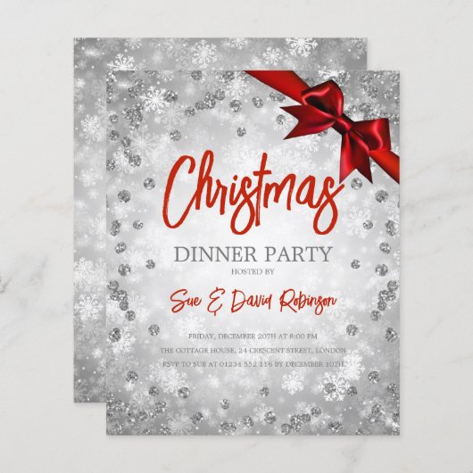 Silver Glitter Red Ribbon Kerstfeestdag (Voorkant / Achterkant)