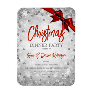 Silver Glitter Red Ribbon Xmas Holiday Invite Magneet
