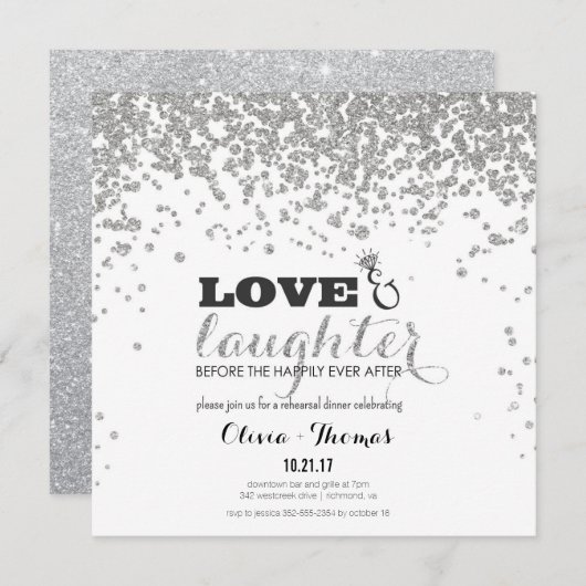 Silver Glitter Rehearsal Invite Kaart (Voorkant / Achterkant)