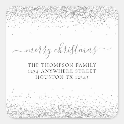 Silver Glitter Return Name Address Merry Kerstry Vierkante Sticker (Voorkant)