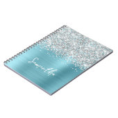 Silver Glitter Robin Egg Blue Glam Script Naam Notitieboek (Linkerzijde)
