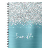 Silver Glitter Robin Egg Blue Glam Script Naam Notitieboek (Voorkant)