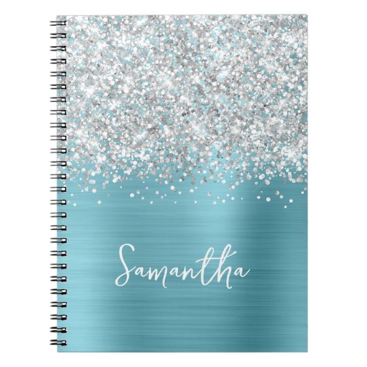 Silver Glitter Robin Egg Blue Glam Script Naam Notitieboek (Voorkant)