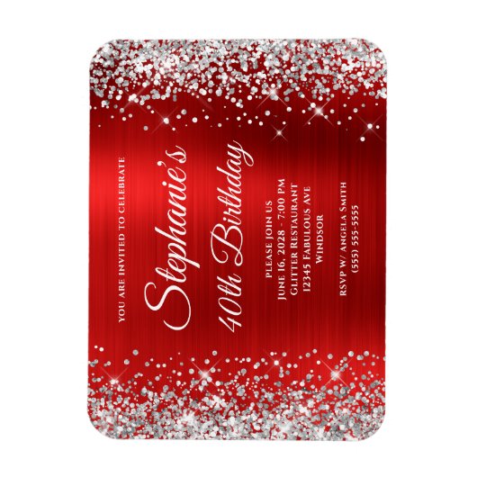 Silver Glitter Rode Folie 40e Verjaardag Keepsake Magneet (Verticaal)