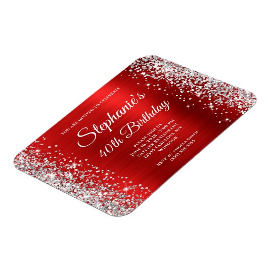 Silver Glitter Rode Folie 40e Verjaardag Keepsake Magneet (Linkerzijde)