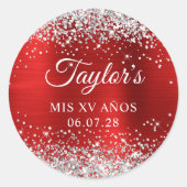 Silver Glitter Rode Folie Mis XV Anos Verjaardag Ronde Sticker (Voorkant)