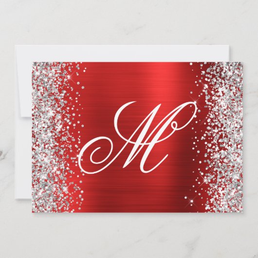 Silver Glitter Rode Folie Monogram 40e Verjaardag Kaart (Achterkant)