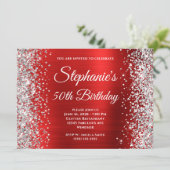 Silver Glitter Rode Folie Monogram 50e Verjaardag Kaart (Staand voorkant)