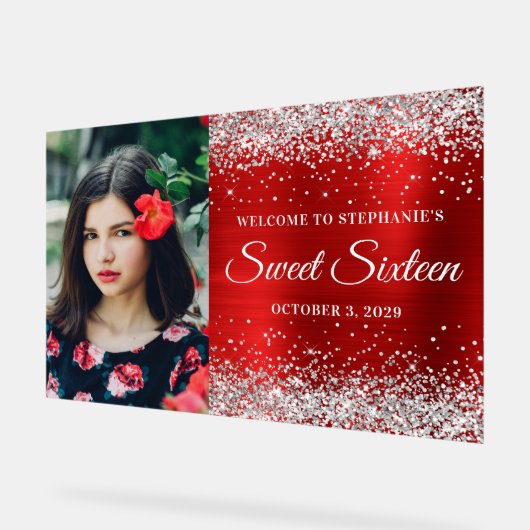 Silver Glitter Rode Folie Sweet Sixteen Welkom Gro Acryl Bord (Hoek)