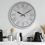 Silver Glitter Roman Numeral Sparkle Girly Grote Klok<br><div class="desc">Silver Glitter Roman Numeral Girly Large Clock</div>