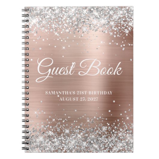 Silver Glitter Roos Gold 21st Birthday Guestbook Notitieboek (Voorkant)