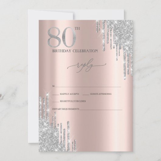 Silver Glitter Roos Gold 80th Birthady RSVP Kaart (Voorkant)