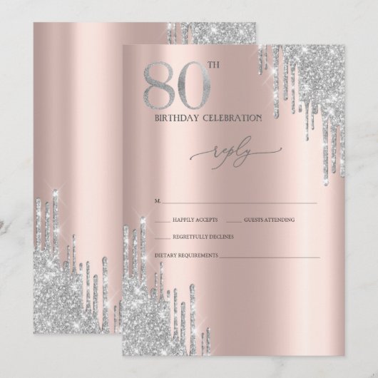 Silver Glitter Roos Gold 80th Birthady RSVP Kaart (Voorkant / Achterkant)